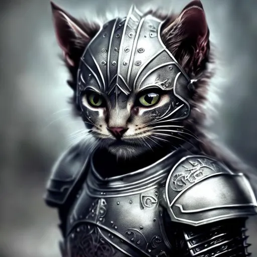 Prompt: Detailed warrior kitten in gray armor, intense and fierce expression, medieval fantasy style, metallic texture with intricate engravings, battle scars, high quality, ultra-detailed, medieval fantasy, intense gaze, fierce warrior, intricate details, gray armor, battle scars, fierce expression, professional lighting