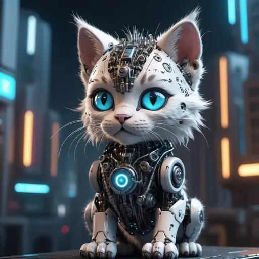 Prompt: Highly detailed kittenpunk scene, hyper-realistic 4K rendering, volumetric lighting, HD quality, futuristic cityscape backdrop, mechanical feline with intricate joints and circuit patterns, cool-toned futuristic atmosphere, detailed fur with lifelike textures, cyberpunk aesthetic, ultra-detailed, volumetric lighting, professional rendering, HD, 4K blue eyes