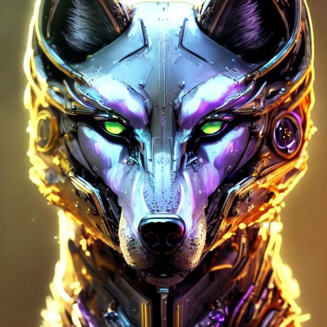 Prompt: Bright gold sci-fi wolf, metallic fur with hints of light purple, futuristic setting with neon accents, detailed eyes with a piercing gaze, high-tech cybernetic enhancements, best quality, highres, ultra-detailed, sci-fi, futuristic, metallic fur, detailed eyes, neon accents, bright gold, light purple, cybernetic enhancements, atmospheric lighting