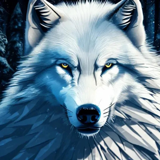 Prompt: Detailed highres illustration of a majestic white wolf, cool black accents, realistic fur details, intense and piercing gaze, mystical forest setting, moonlight casting a black glow, best quality, detailed fur, cool tones, atmospheric lighting