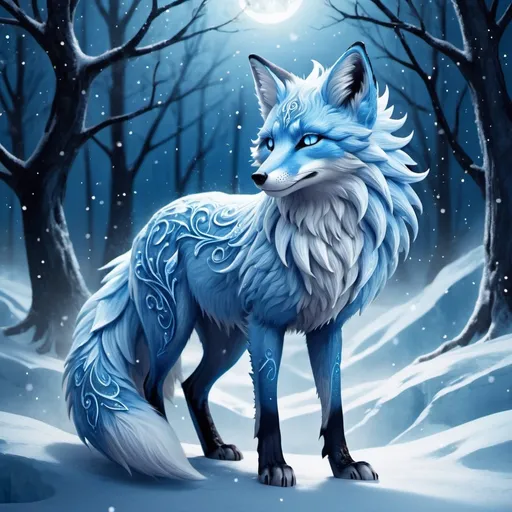 Prompt: Fantasy illustration of a majestic nine-tailed ice elemental fox, cool blue fur, sparkling dark blue eyes, feral design, soft moonlight, enchanting, falling snow, shoots ice from tails, wise, beautiful, professional, fantasy style, cool blue tones, detailed fur, magical atmosphere
