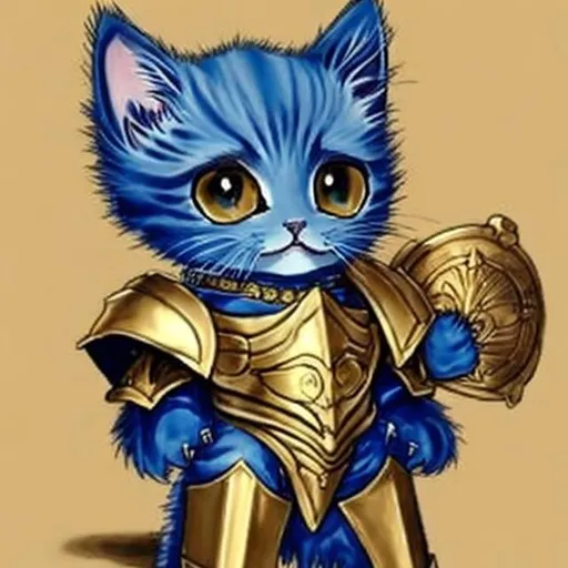 Prompt: a blue kitten in gold armor with a gold crawn anime