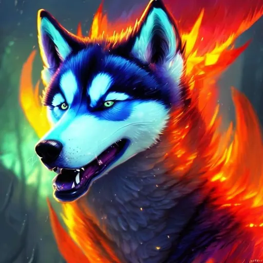Prompt: Magical fire husky dog, digital painting, vibrant and fiery colors, mystical forest setting, intense and powerful gaze, translucent fiery fur, mystical, high quality, detailed, fantasy, ethereal, fiery, magical, vibrant colors, mystical forest, intense gaze, digital painting, powerful, translucent fur, professional, atmospheric lighting