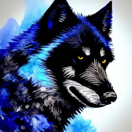 Prompt: black wolf with accents of blue detailed