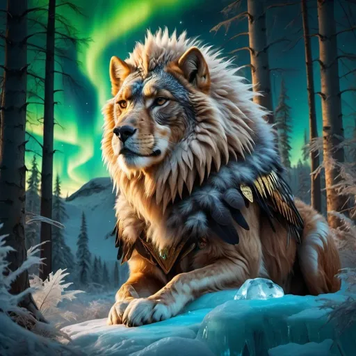 Prompt: wild Griffin warrior siting in hyper realistic fantasy forest future seen with gold northern lights above the wild Griffin warrior ice element
