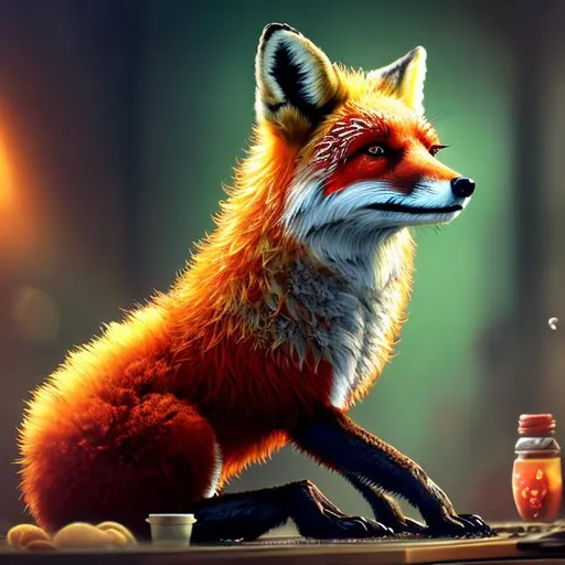 Prompt: Detailed illustration of a playful red fox, vibrant and lifelike fur, engaging in video games, high resolution, ultra-detailed, digital art, realistic, warm tones, cozy setting, focused expression, game controller, soft lighting, gaming, detailed eyes, fluffy tail, professional, immersive atmosphere