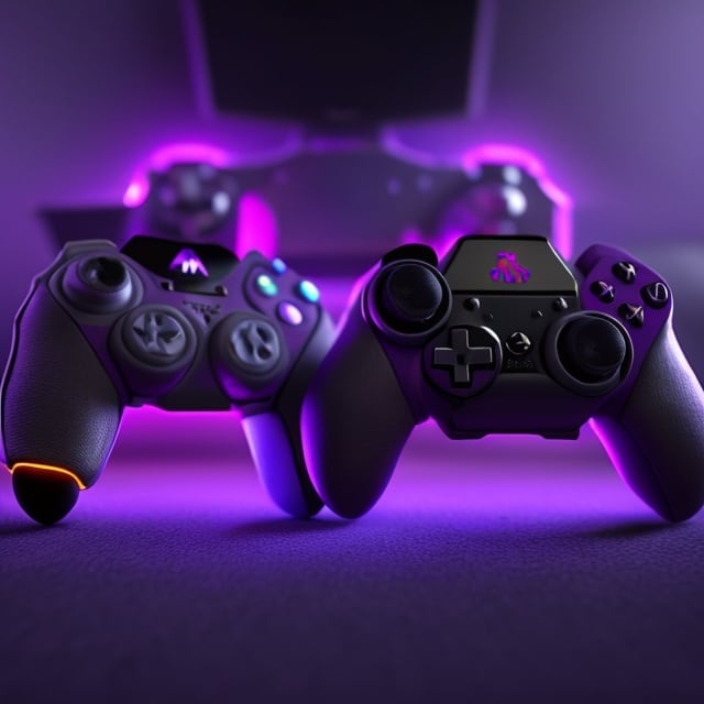 Prompt: violet colored wolf with a gaming controller in its paws the lighting is a little dark the wolf is gameing the wolf is playing video games