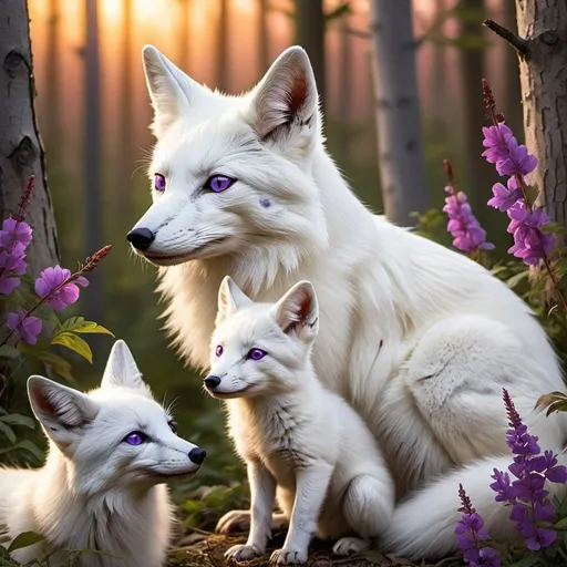 Prompt: Detailed illustration of a majestic white foxes with accents of purple and blue white foxes and two cubs in a lush forest clearing at sunset, warm and vibrant color tones, high quality, realistic, detailed fur, serene atmosphere, focused mother cardinal, peaceful sunset, sleepy cub, sitting cub, forest setting, natural lighting lots of flowers around the white cardinal all of the cardinal have accents of purple and blue and gold eyes the  (bright lighting) no trees blocking the sunset make sure it is a cardinal