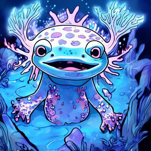 Prompt: a glowing blue axolotl anime