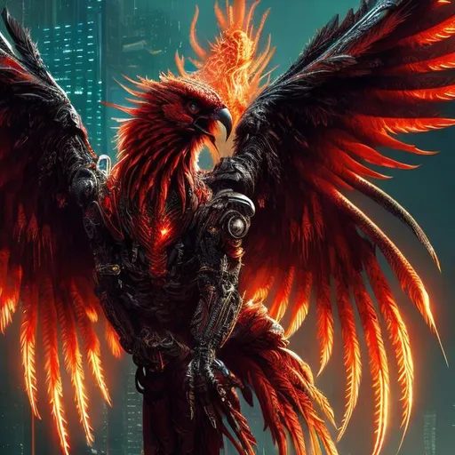 Prompt: High-res, ultra-detailed, sci-fi red Phoenix, intricate black accents, majestic wingspan, intense fiery gaze, futuristic setting, sleek and streamlined design, vibrant red tones, atmospheric lighting, detailed feathers, professional, digital art, cyberpunk, futuristic, intense