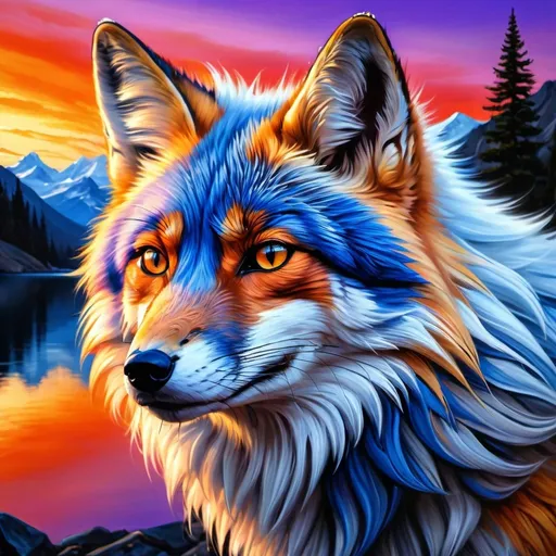 Prompt: detailed oil portrait of a stunning beautiful blue fox with {cobalt blue fur} and {sunset orange eyes}, nine-tailed wolf, nine fluffy silver tails, blue nose, feral, kitsune tails, quadruped, tom fox, Warrior fox by Erin Hunter, gorgeous anime portrait, intense cartoon, beautiful 8k eyes, kitsune, nine-tailed fox, ice element, detailed fine fur, fine oil painting, stunning, gorgeous, gazing at viewer, beaming eyes, lake shore sunrise, perfect reflection, shimmering, professional shading, sharply focused red clouds, highly detailed jagged ice-capped mountain vista, brilliant sunrise on purple sky, (horizontal background), 64k, hyper detailed, expressive, clever, beautiful, thick silky mane, golden ratio, symmetric, accurate anatomy, precise, perfect proportions, vibrant, standing majestically on a mountain, hyper detailed, complementary colors, UHD, HDR, top quality artwork, beautiful detailed background, unreal 5, artstaion, deviantart, instagram, professional, masterpiece
