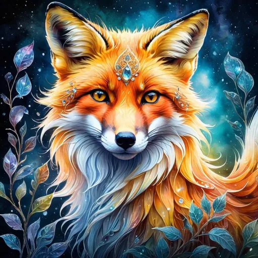Prompt: Double Exposure, A very beautiful fox, in the style of Josephine Wall, ice element, Ultrarealistic digital illustration, detailed watercolor drawing on soft paper, Contemporary beautiful art, sensuality, atmospheric, dark fantasy, fantasy, magic, botanical, ethereal, super-detail, psychedelic colors, dark colors, golden ratio, high quality, HDR, 1024k, professional, depth, detailed shading, sharp)
