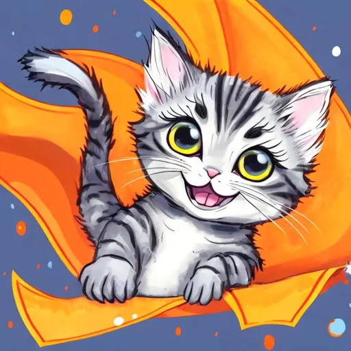 Prompt: Cartoon gray kitten with white strips and an orange cape flying, vibrant and whimsical art style, bright and warm color tones, dynamic and joyful expression, high quality, cartoon, flying kitten, whimsical, vibrant colors, joyful expression, warm tones, dynamic movement, detailed fur, colorful cape, high quality