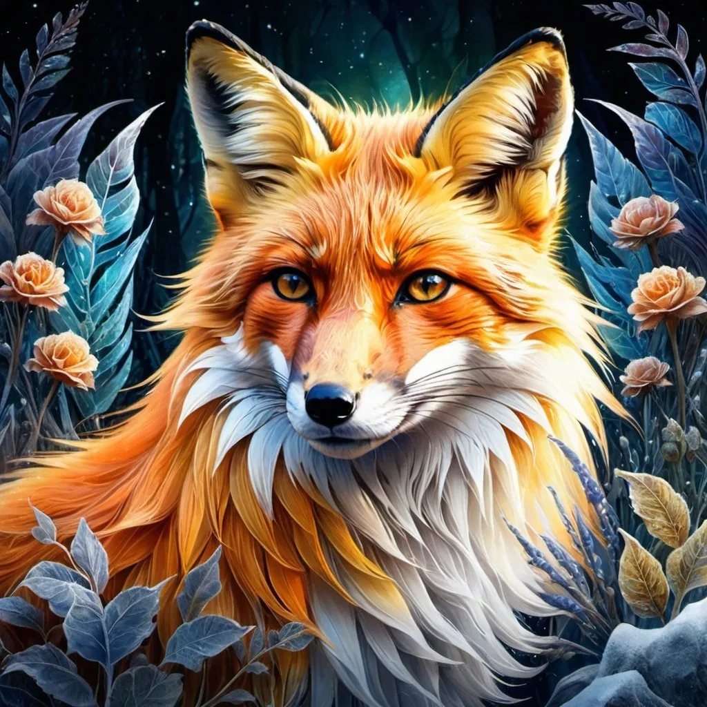 Prompt: Double Exposure, A very beautiful fox, in the style of Josephine Wall, ice element, Ultrarealistic digital illustration, detailed watercolor drawing on soft paper, Contemporary beautiful art, sensuality, atmospheric, dark fantasy, fantasy, magic, botanical, ethereal, super-detail, psychedelic colors, dark colors, golden ratio, high quality, HDR, 1024k, professional, depth, detailed shading, sharp)
