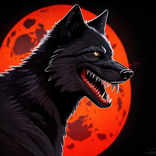 Prompt: Detailed illustration of a fierce black wolf, blood moon in the background, sharp teeth, red accents, intense gaze, high quality, vivid colors, detailed fur, realistic, dramatic lighting