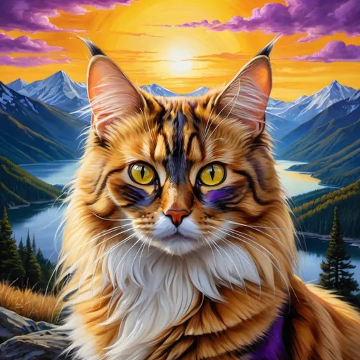 Prompt: detailed oil portrait of a stunning beautiful cat with {steal and lapis and some purple fur} and {sunlit gold eyes}, tortie cat, nine-tailed cat, vitiligo fur, nine fluffy green and silver tails, gold nose, feral, kitsune tails, quadruped, tom cat, Warrior cats by Erin Hunter, gorgeous anime portrait, intense cartoon, beautiful 8k gold eyes, kitsune, nine-tailed fox, ice element, detailed fine fur, fine oil painting, stunning, gorgeous, gazing at viewer, beaming eyes, lake shore sunrise, perfect reflection, shimmering, professional shading, sharply focused purple clouds, highly detailed cliffs in foreground, brilliant sunrise on silver sky, (horizontal background), 64k, hyper detailed, expressive, clever, beautiful, thick silky mane, golden ratio, symmetric, accurate anatomy, precise, perfect proportions, vibrant, standing majestically on a mountain, hyper detailed, complementary colors, UHD, HDR, top quality artwork, beautiful detailed background, unreal 5, artstaion, deviantart, instagram, professional, masterpiece
