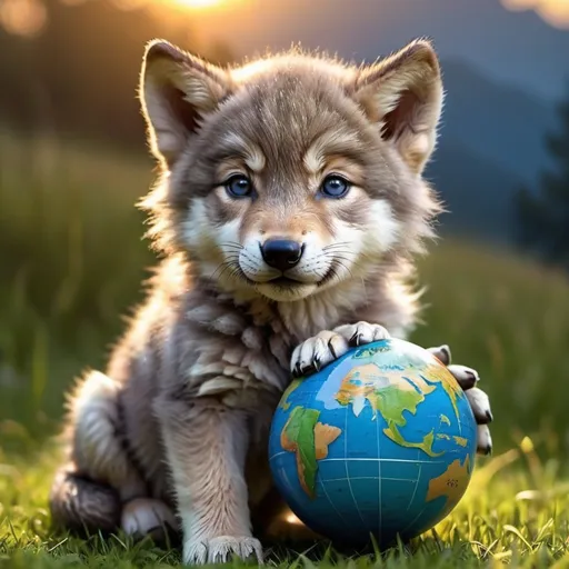 Prompt: (cute wolf cub with accents of blue cub) detailed hyper realistic sun set in background they are on the grass beautiful (cute) (cute) the wolf looks like a wolf (in a globe make sure  the picture is in a globe)                   


                       CUTE!!!!!!!!!!