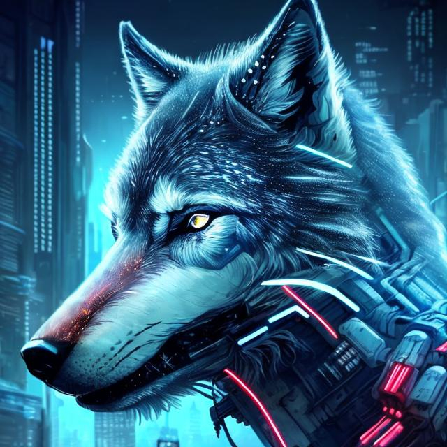 Prompt: Detailed sci-fi illustration of a majestic wolf, futuristic cyberpunk setting, glowing neon lights, ultra-detailed fur with sci-fi reflections, intense and intelligent gaze, high-tech cybernetic enhancements, best quality, highres, ultra-detailed, sci-fi, cyberpunk, detailed eyes, majestic, futuristic, atmospheric lighting