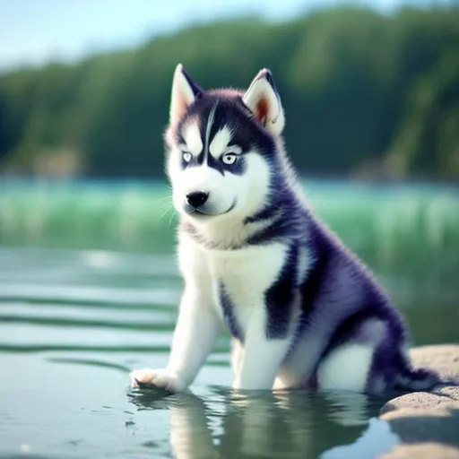 Prompt: a husky puppy in the shore water anime