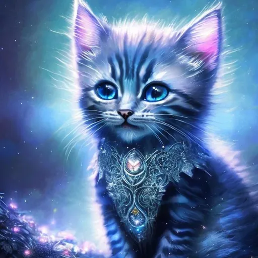 Prompt: Blue glowing kitten in diamond armor, heavenly haven, ethereal glow, intricate details, high quality, fantasy, mystical, magical, glowing fur, radiant, diamond-like armor, celestial, serene, serene lighting, detailed eyes, otherworldly, surreal, shimmering, glowing gemstones, soft pastel colors, enchanting atmosphere