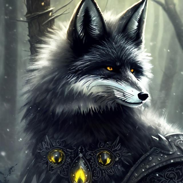 Prompt: Black fox in gray armor with yellow gems, detailed fur texture, high quality, fantasy art, cool tones, intricate armor design, fierce demeanor, mystical forest setting, ethereal lighting, detailed eyes, professional, atmospheric lighting