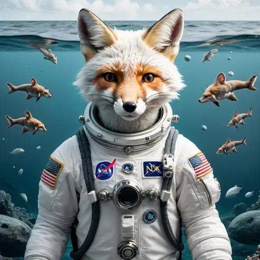 Prompt: white and gray fox in astronaut suit in the ocean with big bold letters at the top saying astronaut in the ocean detailed