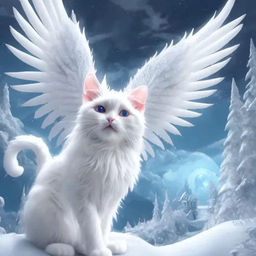 Prompt: a white cat with white wings in a beautiful world lots of detail