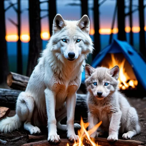 Prompt: white and gray wolf near a camp fire the kitten has glowing eyes siting beside  the wolf is a wolf the wolf has glowing blue eyes with some trees on the sides and a sunset