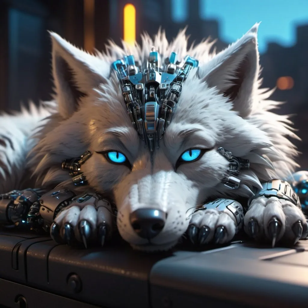 Prompt: Highly detailed wolfpunk scene cub sleeping, hyper-realistic 4K rendering, volumetric lighting, HD quality, futuristic cityscape backdrop, mechanical feline with intricate joints and circuit patterns, cool-toned futuristic atmosphere, detailed fur with lifelike textures, cyberpunk aesthetic, ultra-detailed, volumetric lighting, professional rendering, HD, 4K blue eyes sleeping fluffy and sun set in the sky