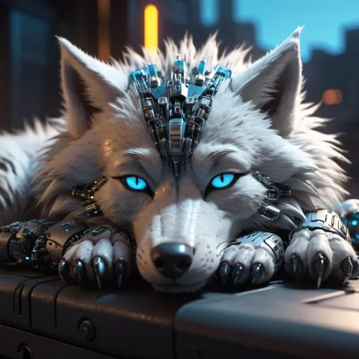 Prompt: Highly detailed wolfpunk scene cub sleeping, hyper-realistic 4K rendering, volumetric lighting, HD quality, futuristic cityscape backdrop, mechanical feline with intricate joints and circuit patterns, cool-toned futuristic atmosphere, detailed fur with lifelike textures, cyberpunk aesthetic, ultra-detailed, volumetric lighting, professional rendering, HD, 4K blue eyes sleeping fluffy and sun set in the sky