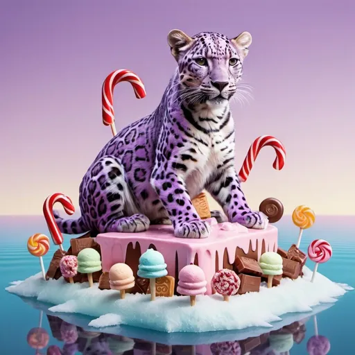 Prompt: a small light purple leopard on a big candy island in the ocean made of ice cream, lollypops, chocolate bars, and candy canes