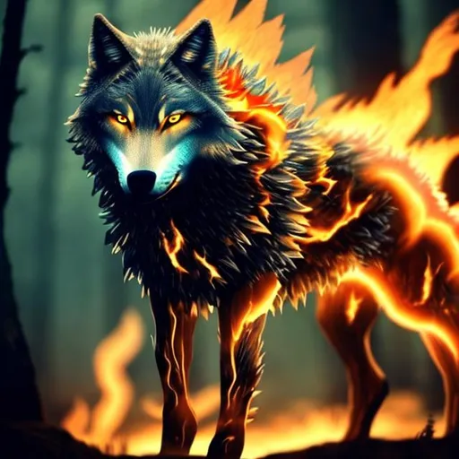 Prompt: a wolf made of  fire in the forest