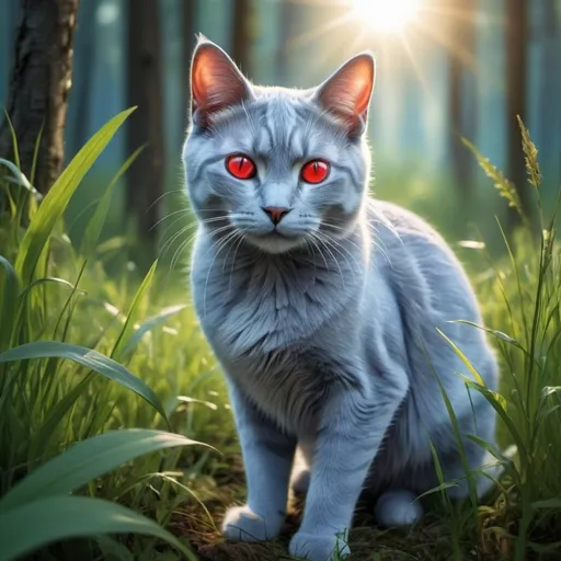 Prompt: bright sun shining, light blue cat in a grass patch in the forest detailed hyper realistic good lighting nice and sunny and shiny, magic theme. magic blue and red particles glowing eyes the cat is light blue with accents of gray.