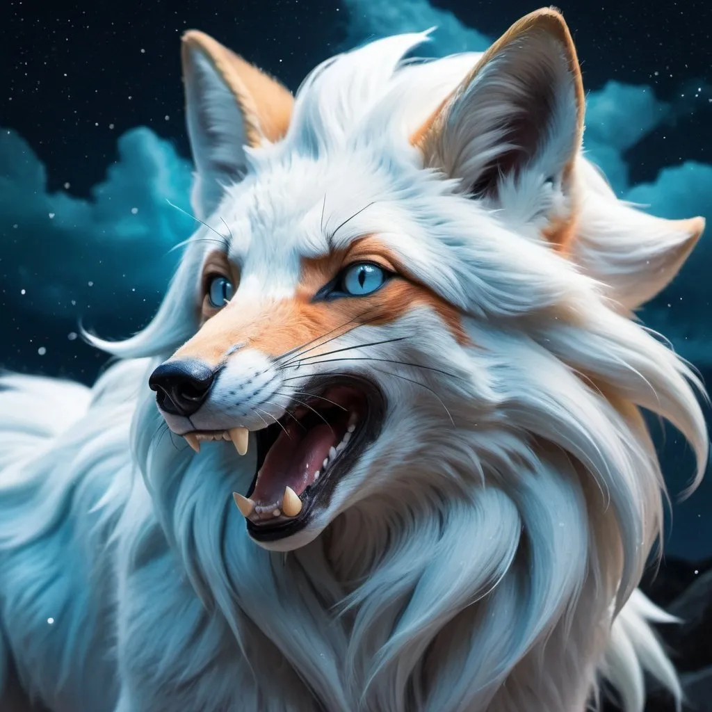 Prompt: {alolan Ninetales}, growling, fox, maned wolf, kitsune, ice element, detailed artwork, portrait, glistening ice blue fur, 8k, detailed background, auroras, brilliant night sky, mischievous, thick billowing mane, hyper realism, realistic, hyper realistic
