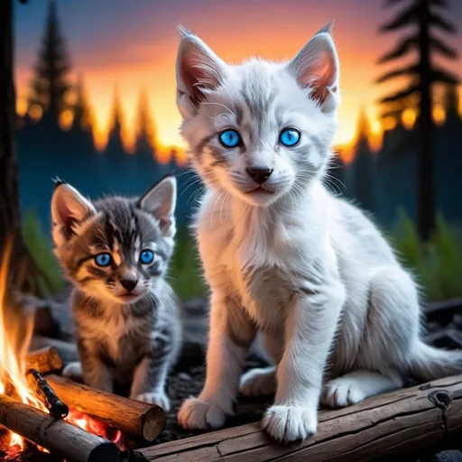 Prompt: white and gray kitten near a camp fire the kitten has glowing eyes siting beside  the kitten is a wolf the wolf has glowing blue eyes with some trees on the sides and a sunset