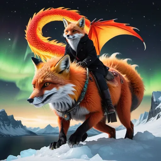 Prompt: black and red fox riding a orang and yellow fire dragon with some ice and northern lights detailed hyper realistic the black and red fox and the dragon are in the sky
