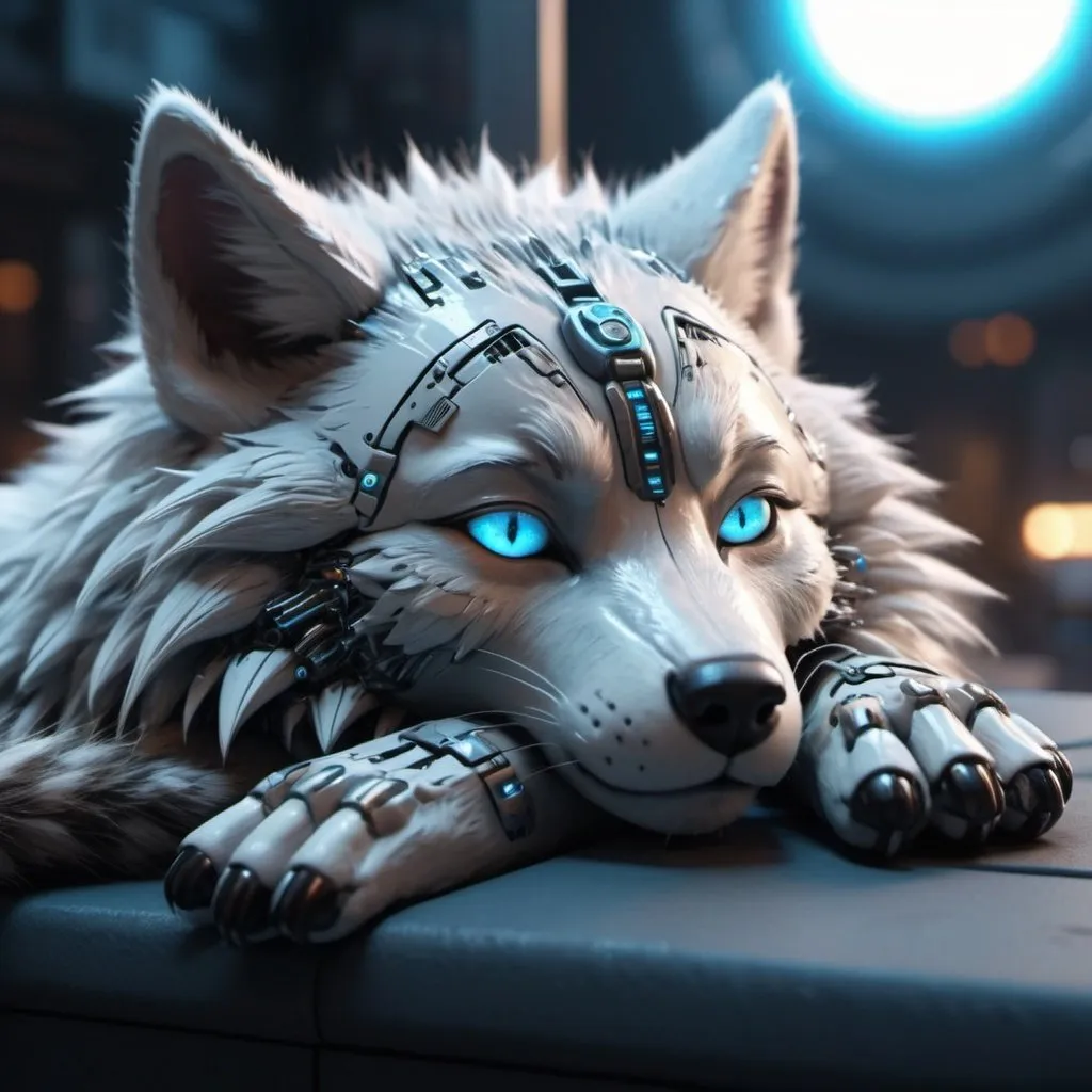 Prompt: Highly detailed wolfpunk scene cub sleeping, hyper-realistic 4K rendering, volumetric lighting, HD quality, futuristic cityscape backdrop, mechanical feline with intricate joints and circuit patterns, cool-toned futuristic atmosphere, detailed fur with lifelike textures, cyberpunk aesthetic, ultra-detailed, volumetric lighting, professional rendering, HD, 4K blue eyes sleeping fluffy and sun set in the sky