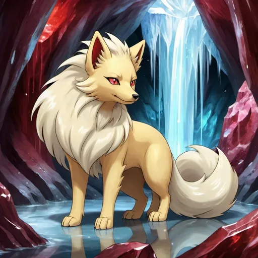 Prompt: portrait of a beautiful Ninetales, with glistening gold fur and deep crimson eyes, in a crystal cave with a crystal waterfall in the background, gorgeous, warm, stunning, pokemon Ninetales, ice fox
