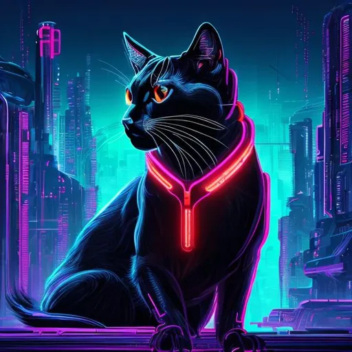 Prompt: Sci-fi digital illustration of a sleek black cat, detailed red accents, futuristic cyberpunk setting, vibrant neon lights, high-tech collar, detailed fur with glowing reflections, intense and mysterious gaze, best quality, highres, ultra-detailed, cyberpunk, detailed eyes, sleek design, professional, vibrant neon lighting