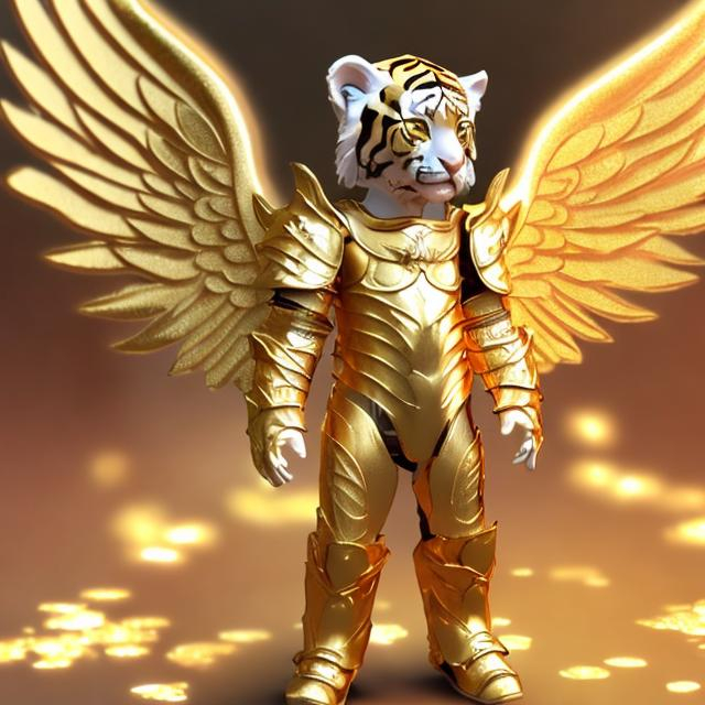 Prompt: a gold tiger cub with gold armor and angel wings anime