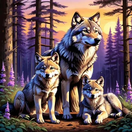 Prompt: Detailed illustration of a majestic wolves and two cubs in a lush forest clearing at sunset, warm and vibrant color tones, high quality, realistic, detailed fur, serene atmosphere, focused mother wolves, peaceful sunset, sleepy cub, sitting cub, forest setting, natural lighting lots of flowers around the wolves all of the wolves have accents of purple and blue and gold eyes the wolves