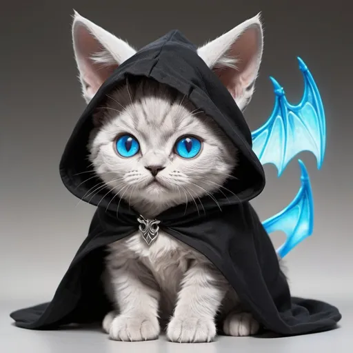 Prompt: silver cat with a black cloak black hood over its head its cat ears are pokeing out of the hood and you can see its glowing blue eyes dragon wings on the gray cat older cat not baby and not old its a kid

