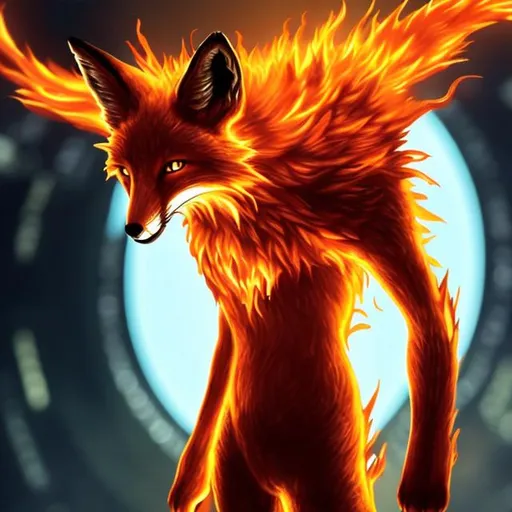 Prompt: fox made of fire detailed futuristic settings