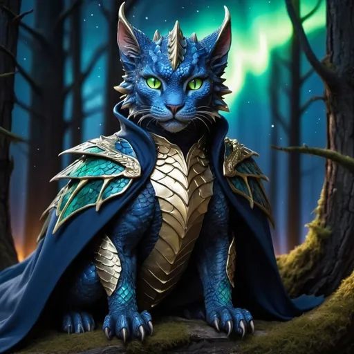 Prompt: wild cat dragon waring dark blue armor and has scales warrior siting in hyper realistic fantasy forest future seen with northern lights above the wild cat waring a cloak warrior the wild cat dragon has two dragon wings cute detailed glowing gold eyes no wings  no dragon tail if you do add dragon wings add two if you add a tail make it one
