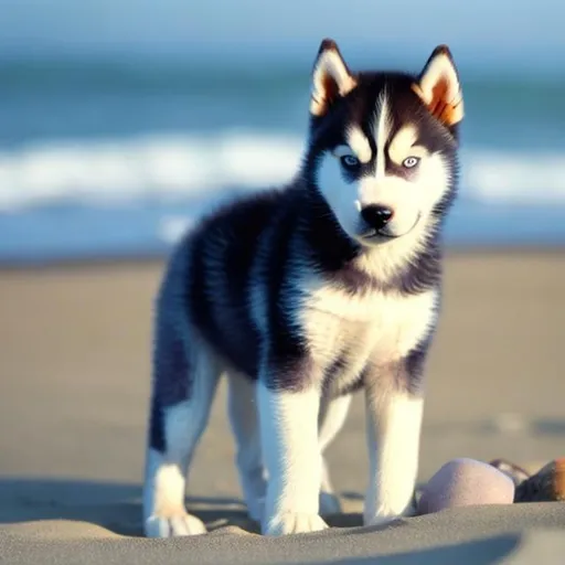 Prompt: a husky puppy on the shore of a beach