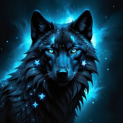 Prompt: Black wolf with glowing blue stars, mystical fantasy theme, highres, detailed fur, atmospheric lighting, fantasy, mystical, detailed eyes, sleek design, professional, glowing blue stars, cool tones, detailed fur, atmospheric lighting