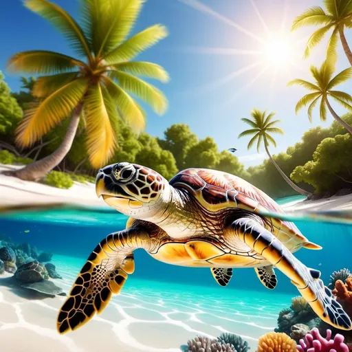 Prompt: tropical beach with a sea turtle on the tropical beach beautiful clear water and colorful reefs lots of turtles in the water and fish sun set nice green palm trees very very (beautiful) hyper realistic detailed NO people only animal in the water except the baby turtle on the beach going toward the clear water