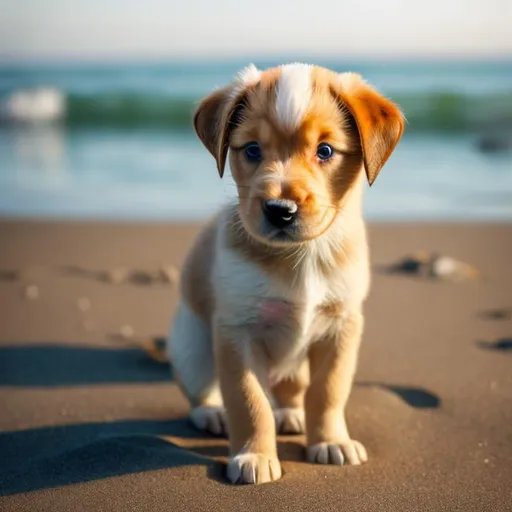 Prompt: a puppy on the shore of a beach