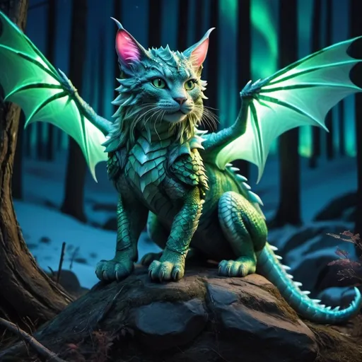 Prompt: wild cat dragon warrior siting in hyper realistic fantasy forest future seen with northern lights above the wild cat warrior the wild cat dragon has two dragon wings cute detailed
