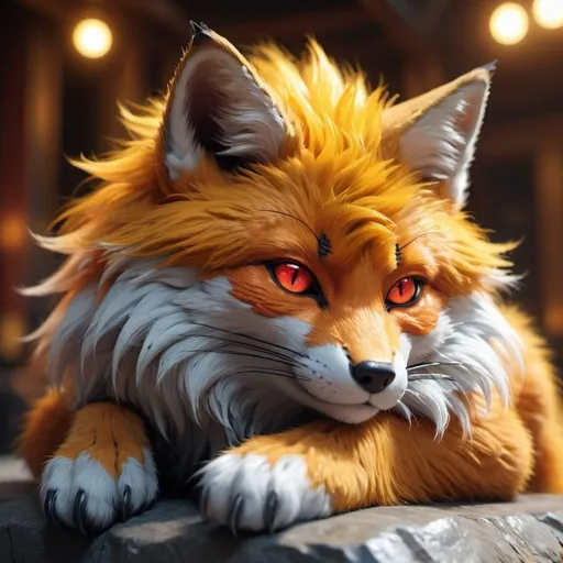 Prompt: Highly detailed foxpunk scene cub sleeping, hyper-realistic 4K rendering, volumetric lighting, HD quality, futuristic cityscape backdrop, mechanical feline with intricate joints and circuit patterns, cool-toned futuristic atmosphere, detailed fur with lifelike textures, cyberpunk aesthetic, ultra-detailed, volumetric lighting, professional rendering, HD, 4K gold eyes sleeping fluffy warrior (foxpunk) with {bright scarlet fur} and {ruby red eyes}, feral foxpunk, kitsune, nine-tailed foxpunk, gorgeous anime portrait, beautiful cartoon, beautiful 8k eyes, elegant {red fur}, four-legged, quadruped, pronounced scar on chest, oil painting, modest, gazing at viewer, fiery red eyes, glistening golden hair, furry golden paws, low angle view, 64k, hyper detailed, expressive, graceful, beautiful, small lithe cat, expansive silky golden mane, shining fur, deep starry sky, UHD background, golden ratio, precise, perfect proportions, vibrant colors, standing majestically on a tall crystal stone, hyper detailed, complementary colors, UHD, HDR, top quality art, beautiful detailed background, unreal 5, artstaion, deviantart, instagram, professional, masterpiece (lots of red gold and orange) also the foxpunk is (hallowing)

